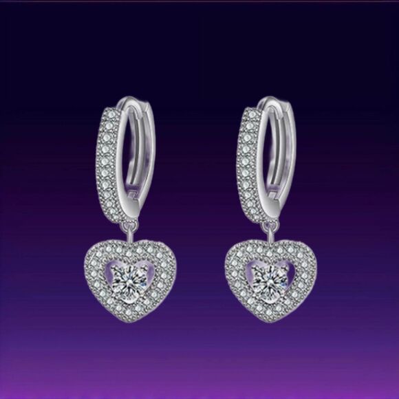 Sterling Silver CZ Heart Dangle Hoop Earrings - Picture 1 of 6